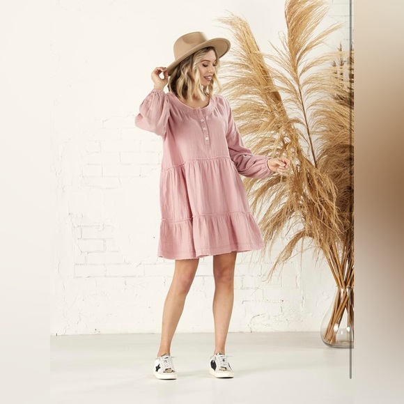 Mud Pie Dresses & Skirts - New Mud Pie Kynlee Dress Rose Pink Women’s Large Crinkle Cotton Gauze
